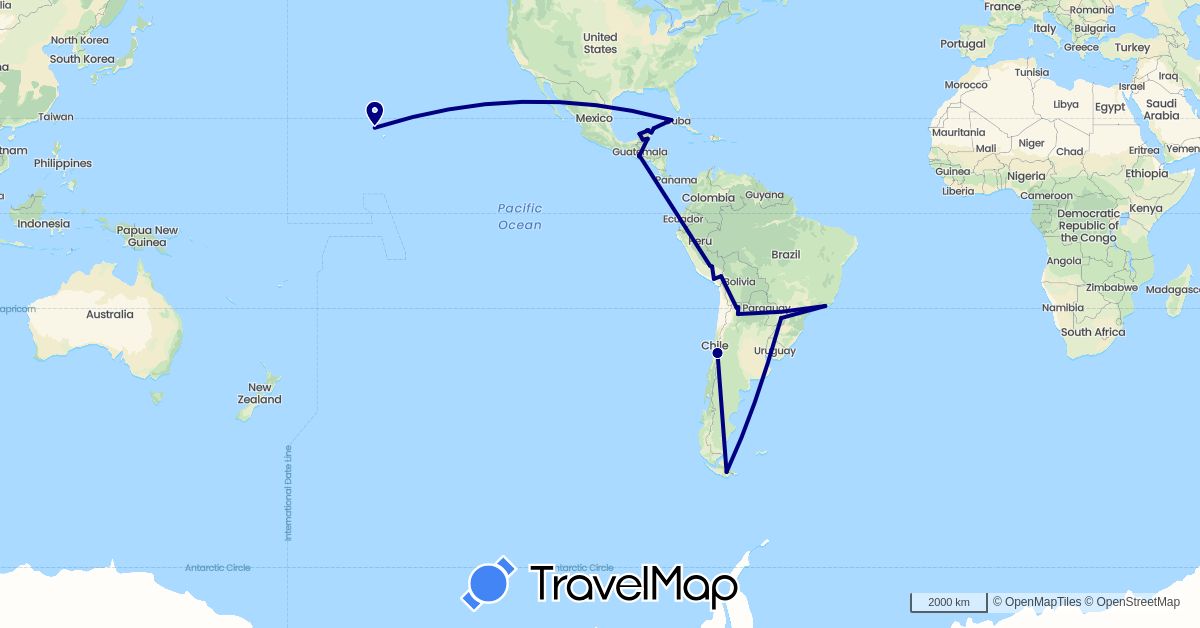 TravelMap itinerary: driving in Argentina, Brazil, Chile, Cuba, Guatemala, Mexico, Peru, United States (North America, South America)